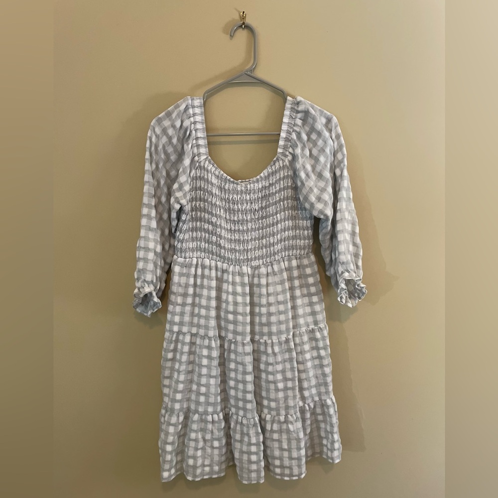 ROOLEE Lindsey & Brooke Women’s Gingham Smocked Dress, Sz M, Grey & White